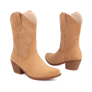 尖头粗高跟绣线西部牛仔靴H26 跨境亚马逊独立站春季 45欧美大码