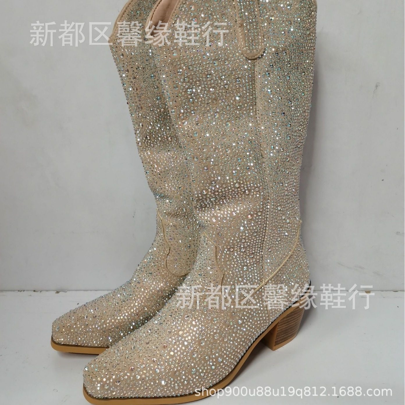 2023年35-44大码欧美跨境粗跟高跟侧拉链闪钻女靴时装靴女西部靴