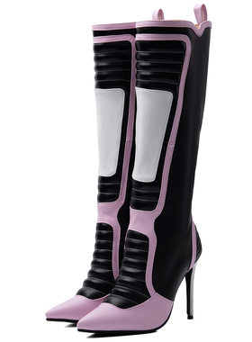 订做欧美外贸性感辣妹尖头机车运动风细高跟大码女及膝靴boots