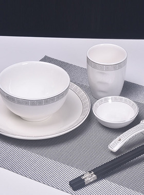 白金万字摆台餐具酒店餐厅饭店会所中式三件套四件套碗碟盘勺套装
