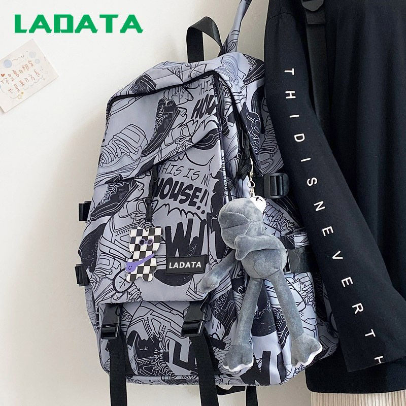 LADATA新款小众设计感书包女 ins日系原宿涂鸦简约双肩大容量背包