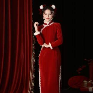 旗袍秋冬新款传统侧八扣红色拜年服少女喜庆国风连衣裙