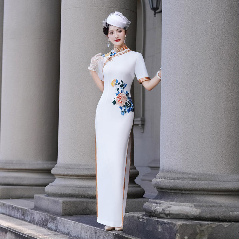 新款白色新中式复古改良旗袍加长