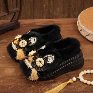 手工虎头鞋女成人秋冬软底居家外穿复古棉鞋包头拖鞋绣花棉鞋