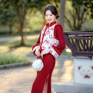 冬季新款红色喜庆亲子装旗袍马甲两件套新中式民国风母女装