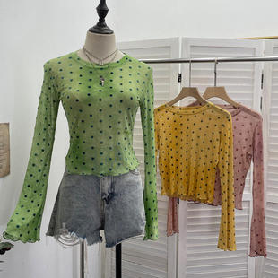 实拍波点植绒长袖防晒恤衫女春夏网纱薄款罩衫短款修身上衣