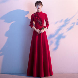 长袖 敬酒服新娘旗袍新款 酒红色显瘦中国风结婚礼服裙女春季