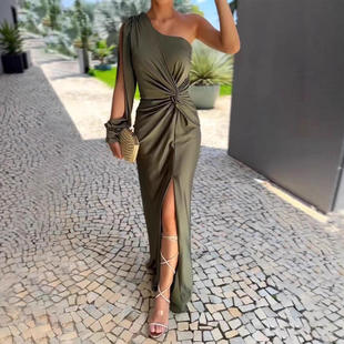 跨境秋亚马逊热销新款 单件长裙优雅派对礼服连衣裙 纯色时尚