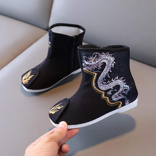 新款秋冬季民族风男童靴中国风刺