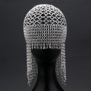 爆款跨境肚皮舞帽子演出发饰纯手工串珠新娘饰品长流苏头饰