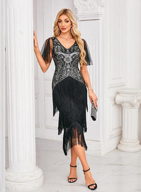 中东长裙流苏连衣裙高级感亚马逊舞会演出服大码女装欧美亮片裙子