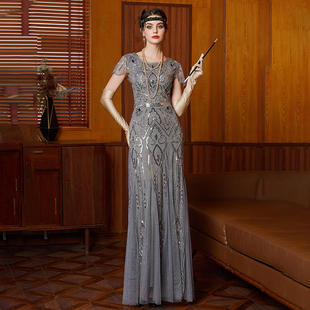 复古亮片刺绣礼服裙舞会鸡尾酒裙派对大码钉珠网纱连衣裙中东长裙