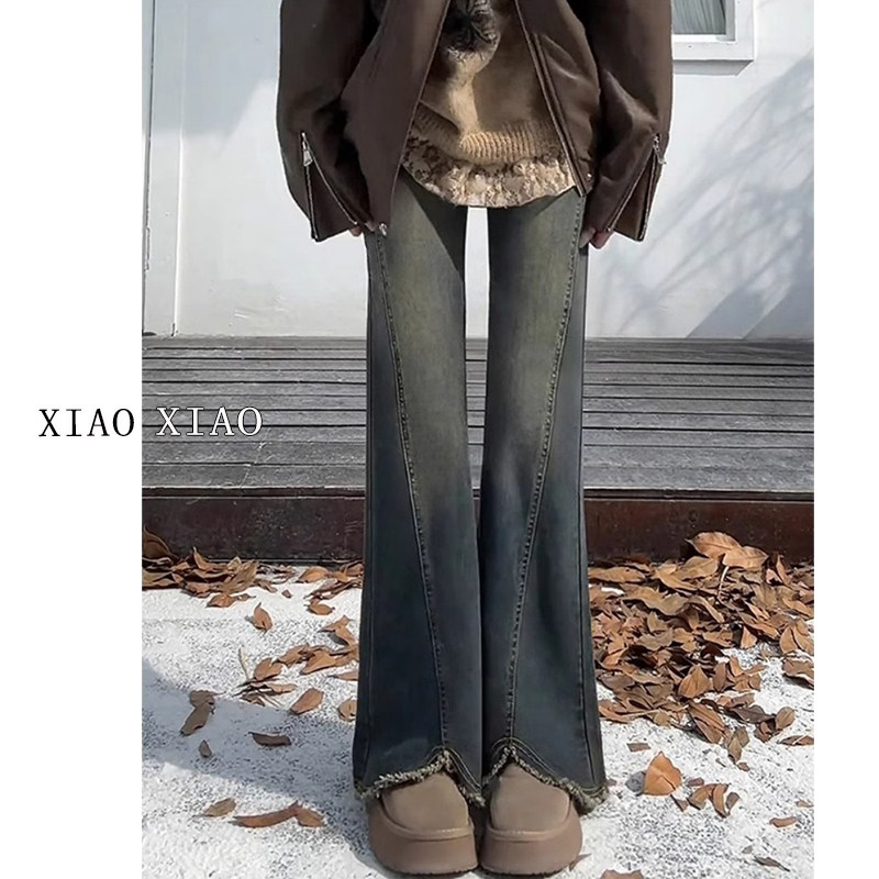 复古蓝毛边微喇牛仔裤女春季新款胖妹妹mm高腰遮胯显瘦弹力直筒裤