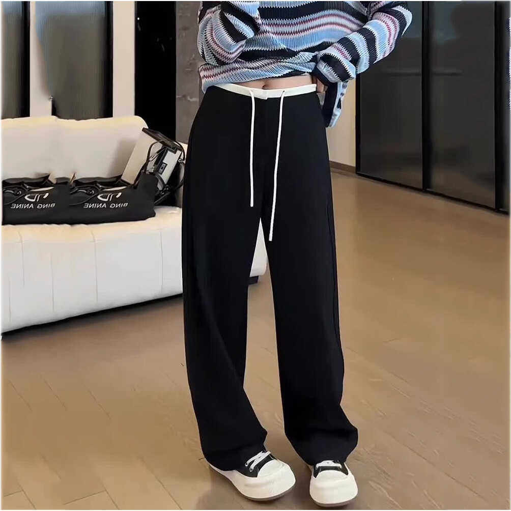 梨型身材拼色高腰休闲裤女大码胖mm巨显瘦裤子抽绳宽松垂感西装裤