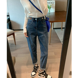 高腰直筒牛仔裤女设计感韩版宽松显瘦胖妹妹哈伦裤萝卜裤九分裤女