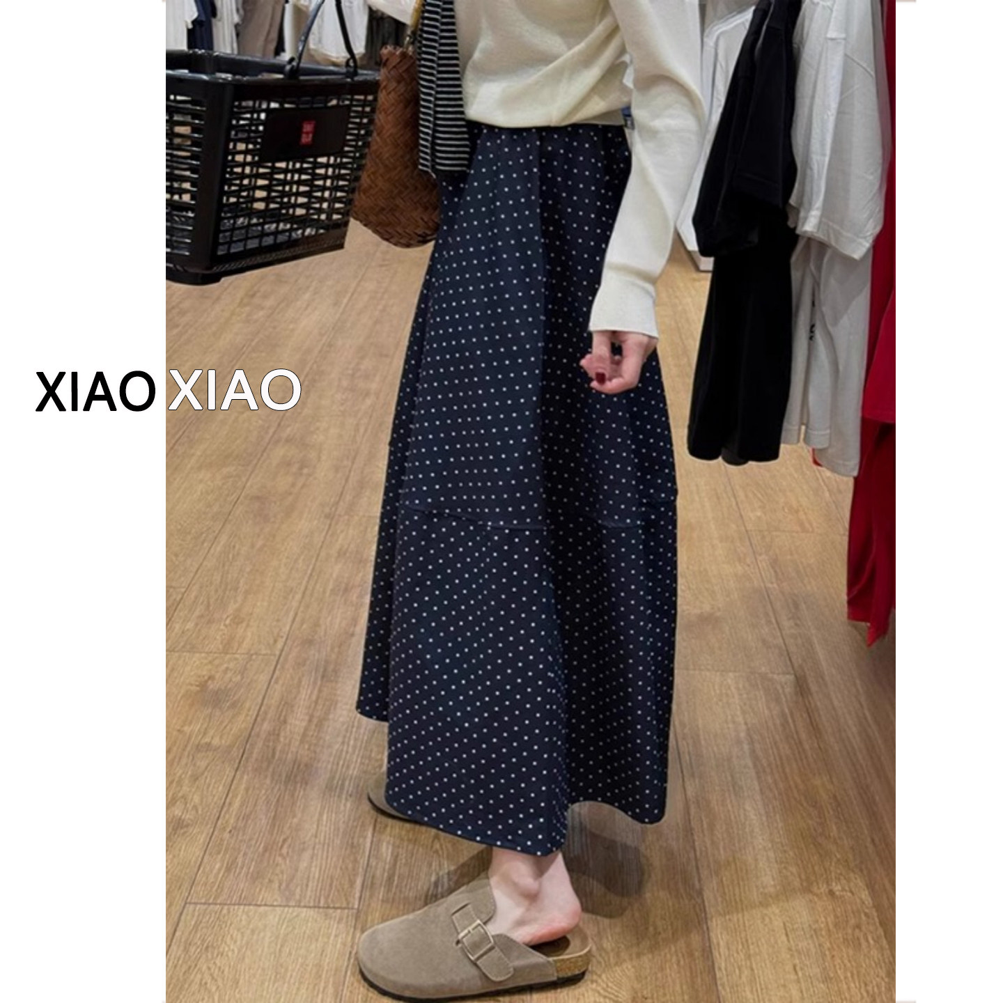 大码藏青色波点半身裙女夏胖mm梨形身材遮胯显瘦高腰拼接A字裙子