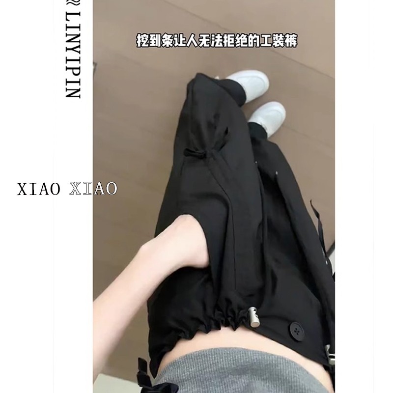 黑色蝴蝶结工装裤女款大码春季裤子胖mm显瘦休闲美式设计感阔腿裤