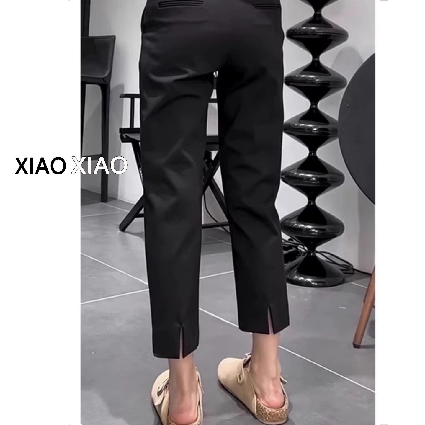 大码黑色开叉西装裤女夏季薄款胖mm梨形身材宽松显瘦九分烟管裤子