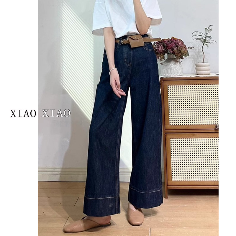 深蓝色直筒牛仔裤女2026春季新款大码胖mm梨形身材高腰宽松阔腿裤