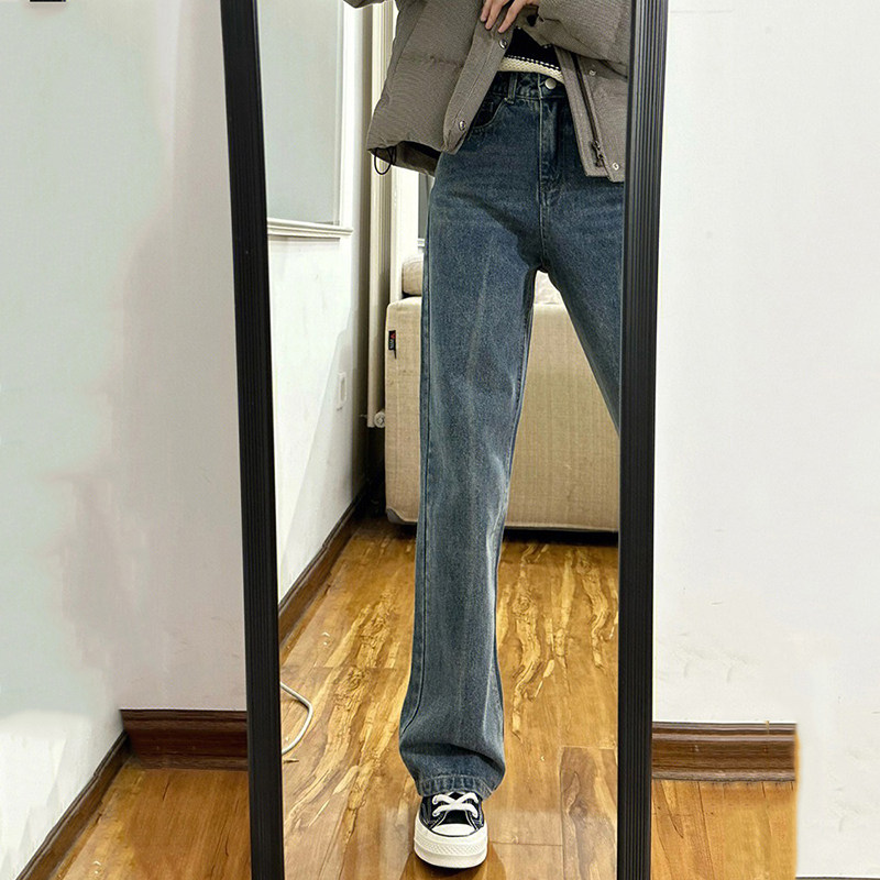 大码高腰显瘦直筒牛仔裤女春胖mm梨型身材宽松复古蓝小个子长裤子