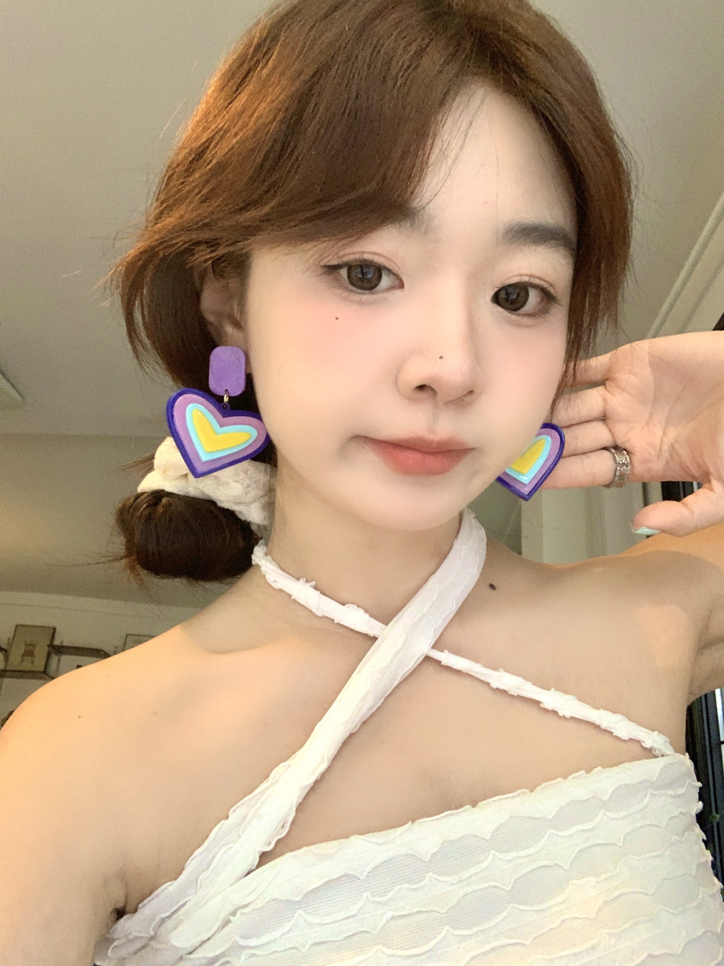 古鳗鱼 韩国设计师款夸张撞色耳钉亚克力紫色多层爱心形耳坠耳饰