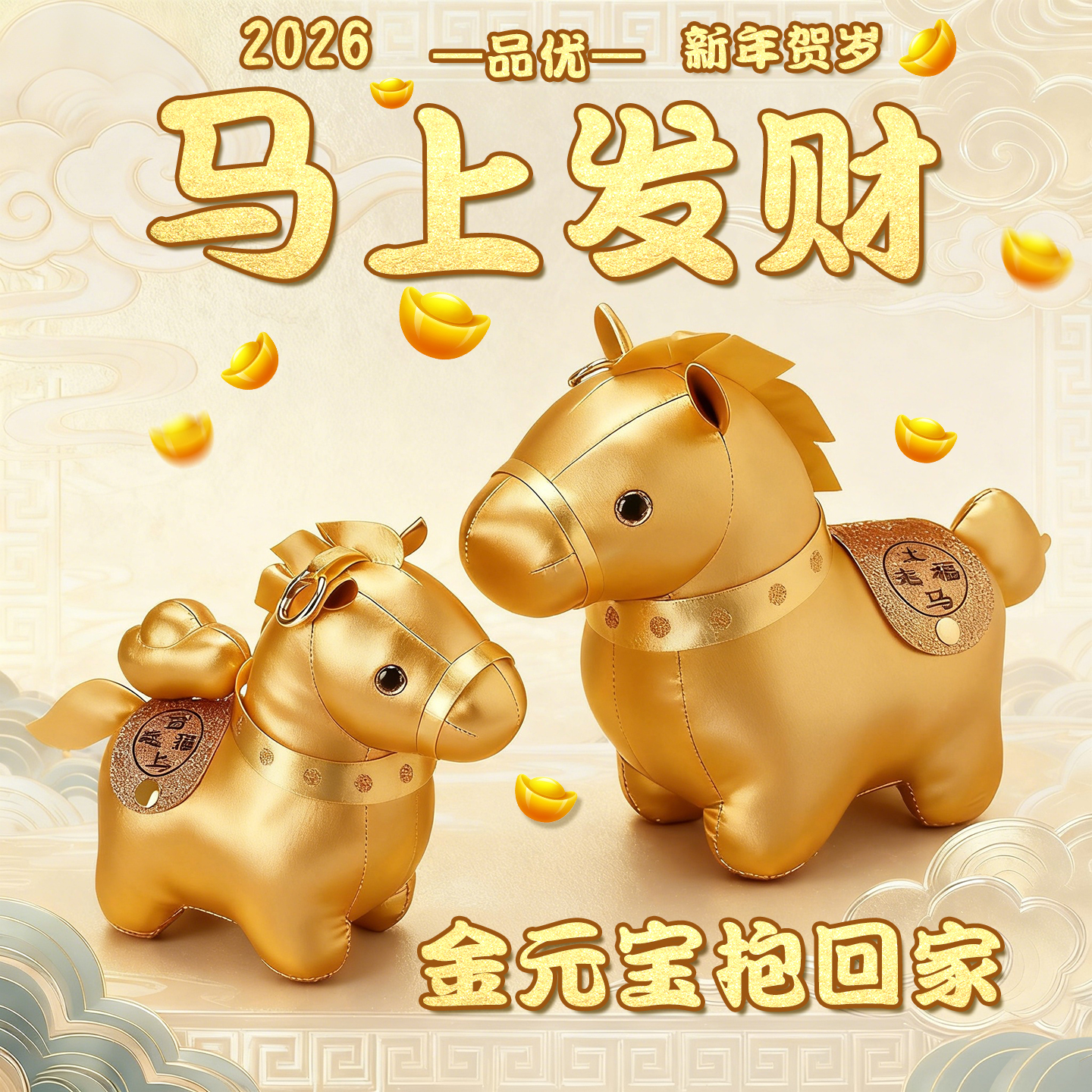 2026马年吉祥物金色小马磁吸元宝公仔元宝马玩偶摆件新年礼品批发