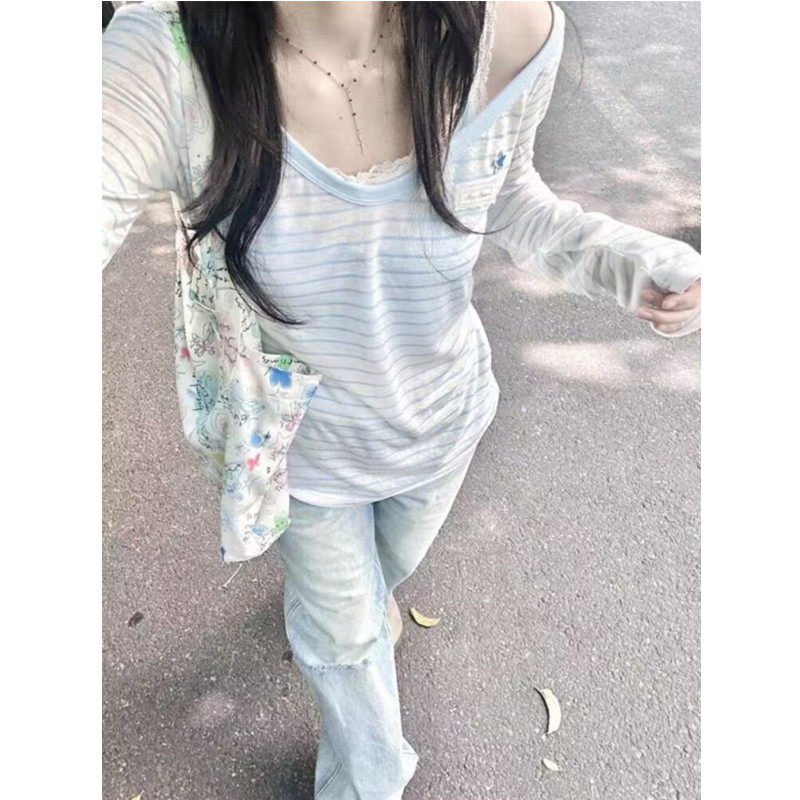 甜辣风条纹防晒罩衫T恤女夏季高级感撞色V领薄款微透长袖露肩上衣