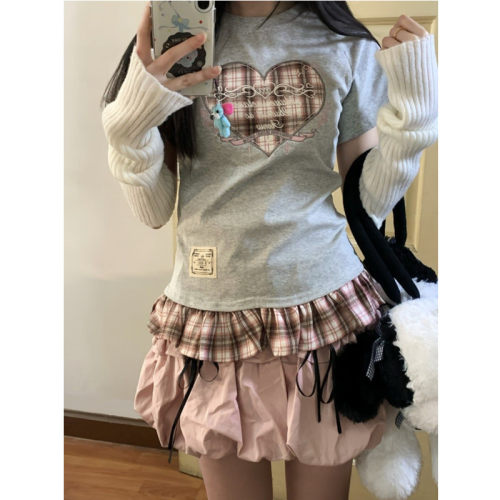 美式圆领正肩花边格纹短袖T恤女