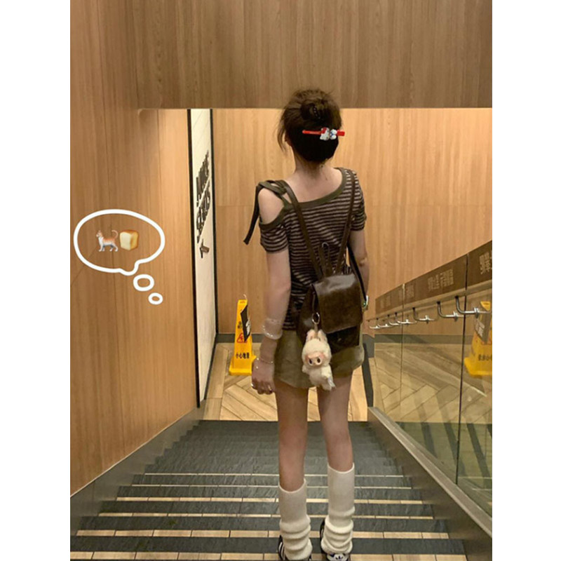 设计感修身斜肩系带条纹短袖T恤