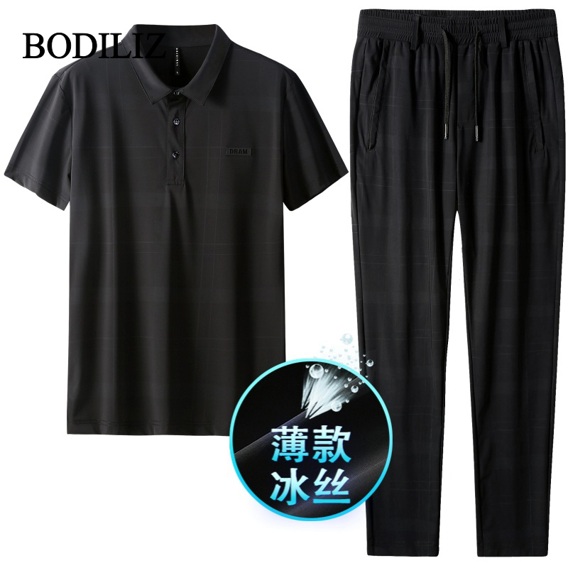 潮牌黑色网眼冰丝速干运动套装男