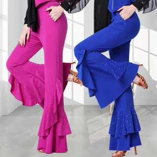 拉丁舞长裤 女广场舞吉特巴高腰弹力荷叶边甩裤 时髦 跳舞喇叭裤 时尚