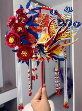 非遗缠花团扇凤凰手工DIY材料包红色重工新婚礼物新娘秀禾成品