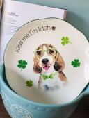 happy新年小优雅花边手工彩绘小狗陶瓷餐盘绿边平盘圣诞礼品