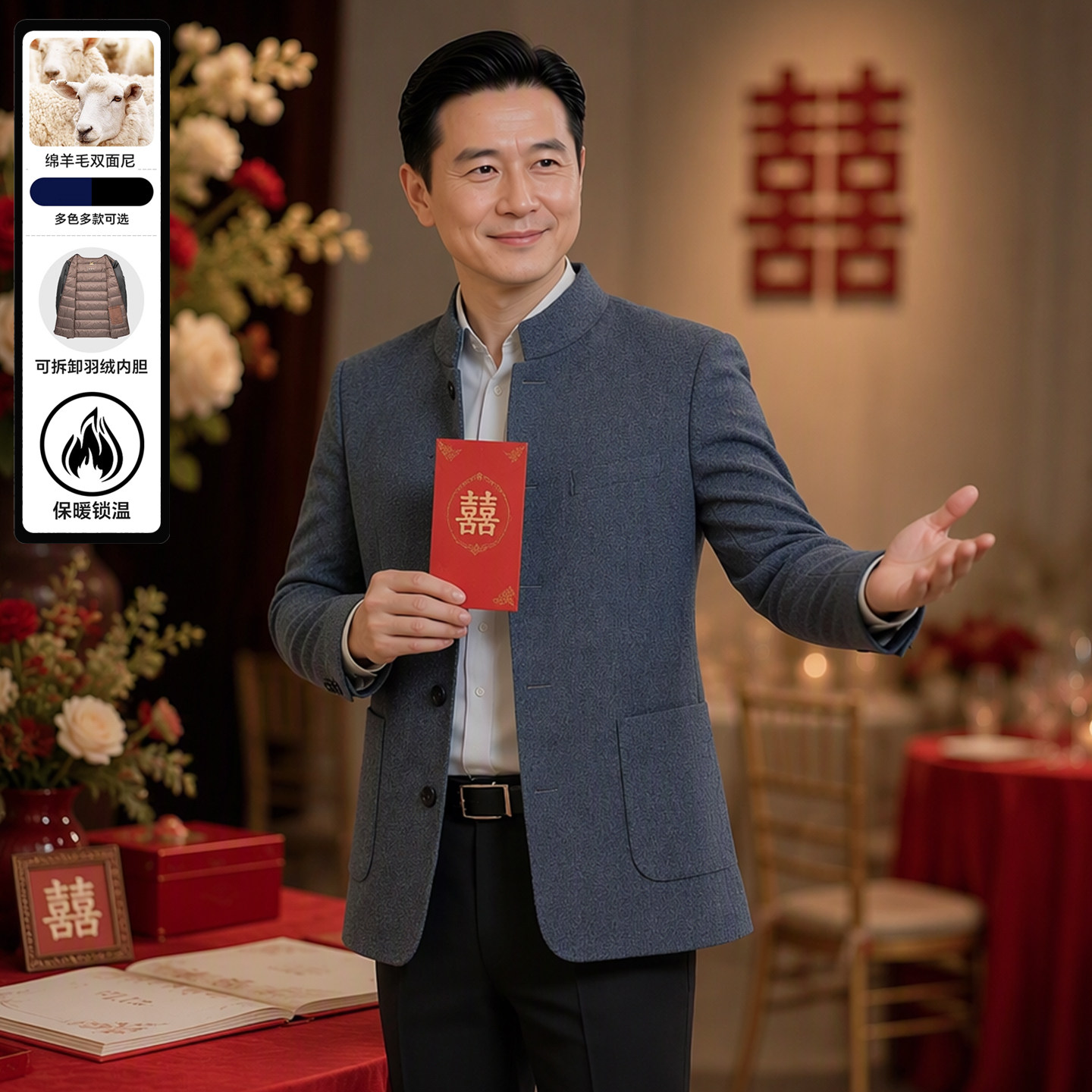 羊毛呢外套男爸爸婚礼礼服秋冬季羽绒内胆加厚立领喜公公宴会大衣