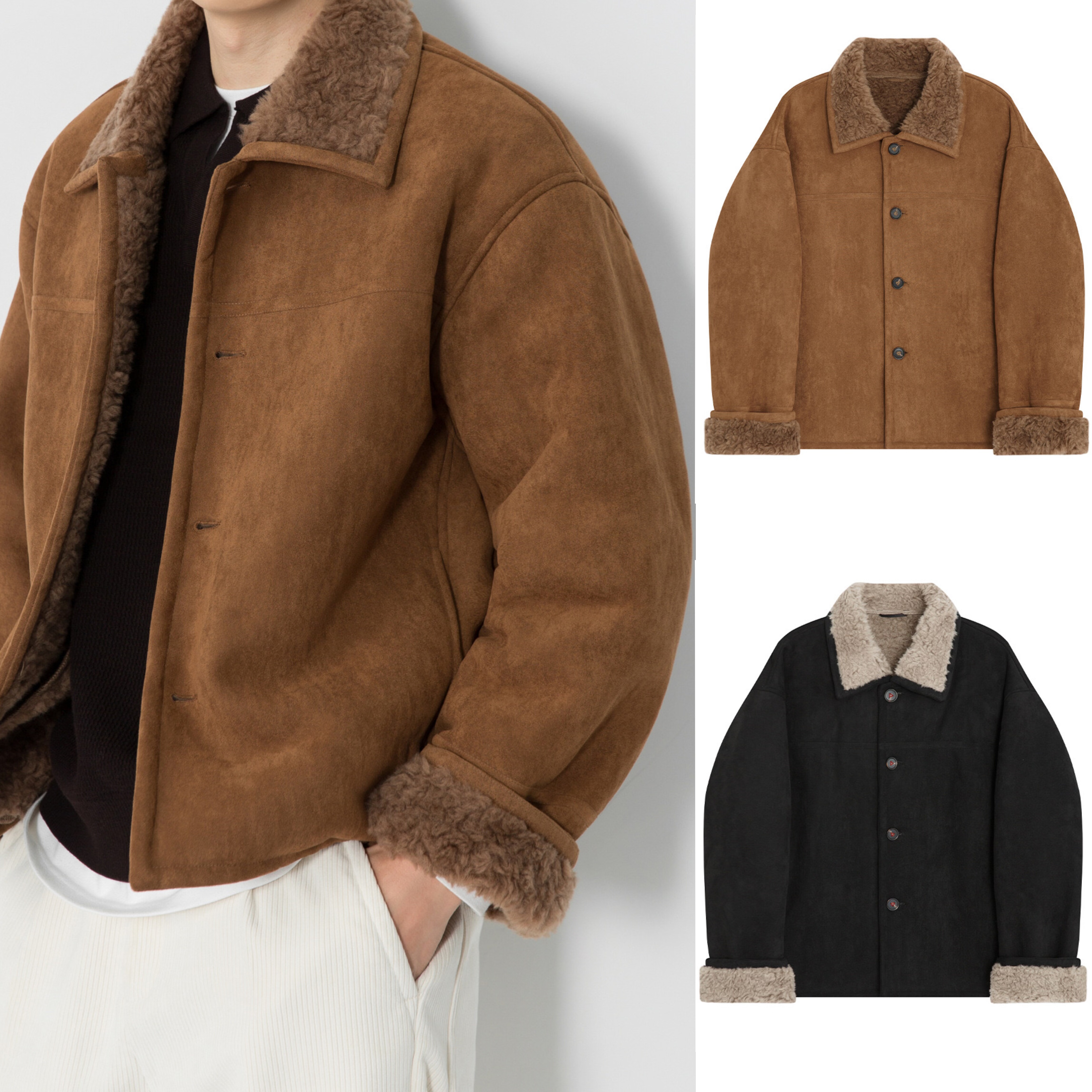 新店特价外套男女同款冬季保暖纯绵羊毛内里复古仿皮毛一体鹿皮绒