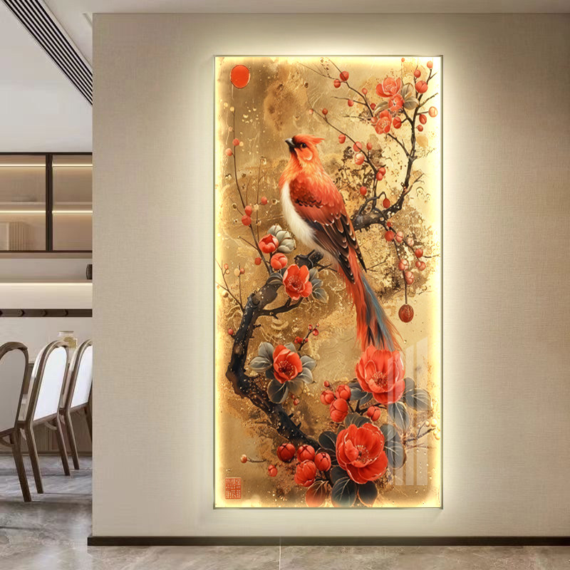 新中式玄关客厅挂画装饰画喜上眉梢花鸟壁画餐厅酒店带LED灯感应