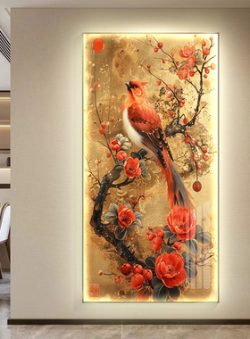 新中式玄关客厅挂画装饰画喜上眉梢花鸟壁画餐厅酒店带LED灯感应