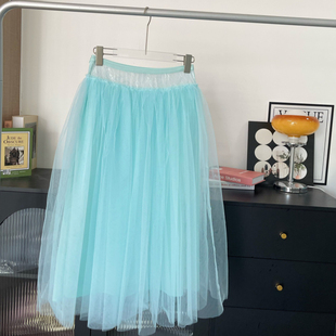 le rouge周美美   海盐薄荷蕾丝拼接腰头浪漫网纱多层次半身裙