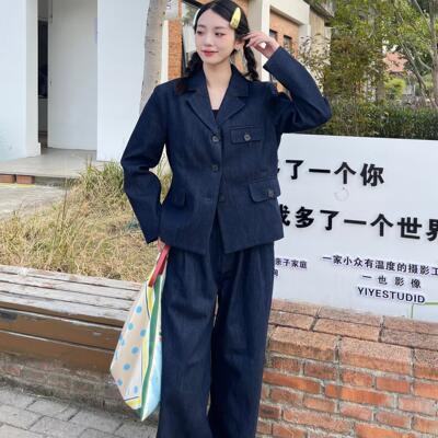 MINI老江原色牛仔雅痞西装套装经典平驳领外套直筒裤