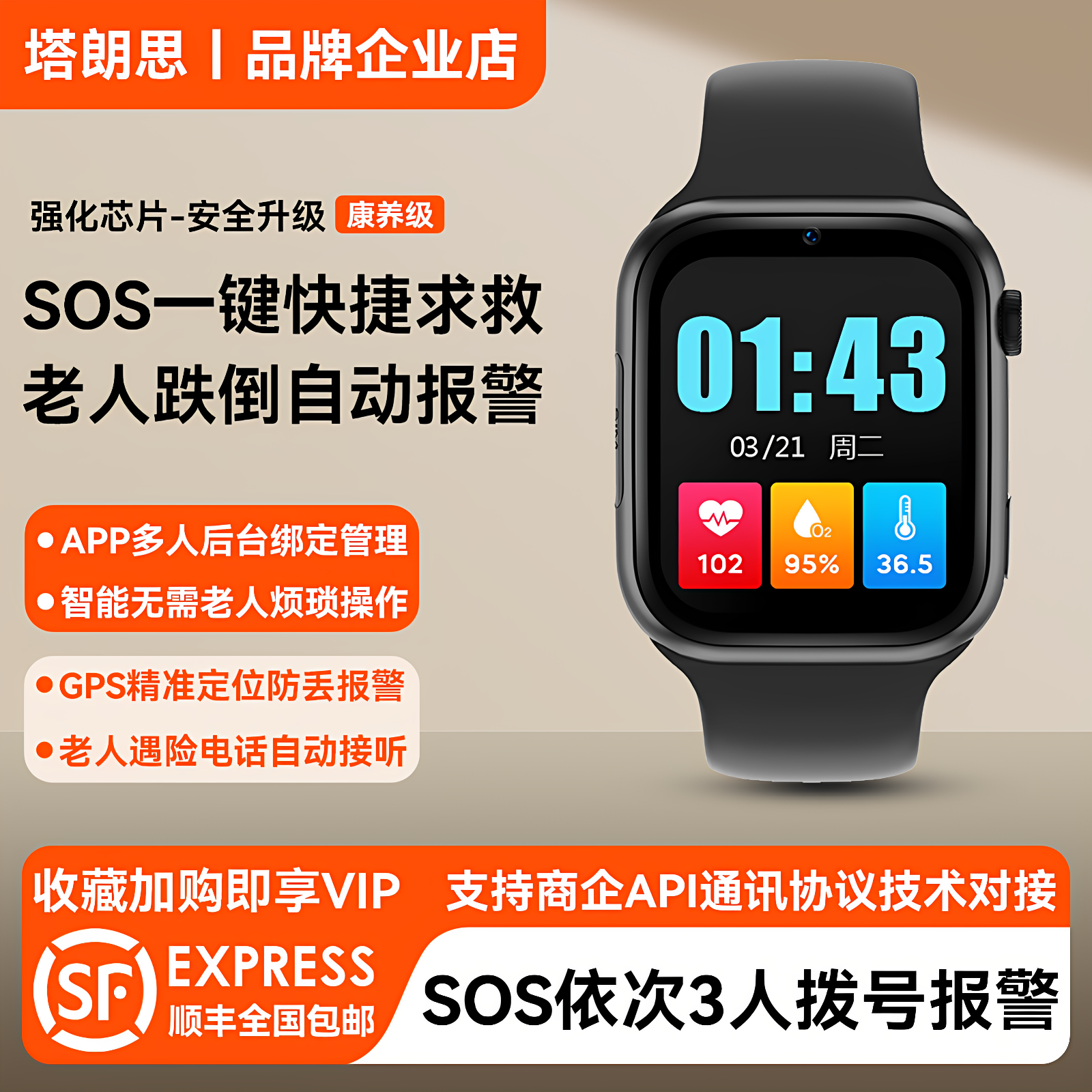 老人跌倒自动报警SOS智能电话手表远程4G通视频gps定位痴呆防走丢