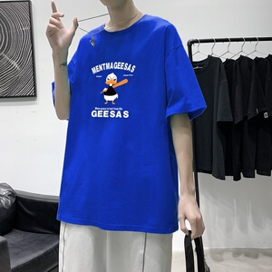 T3416P25男宽松T恤落肩港风男T卡通字母印花T恤港风2023夏新款T恤图片