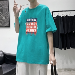 T3471港风2022夏新款T恤落肩港风男T圆领字母印花潮T男宽松T恤图片