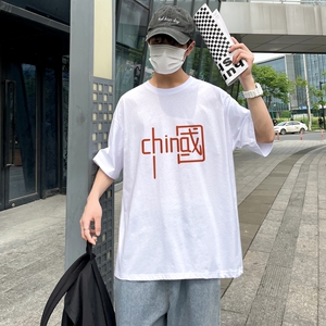 D2202港风室外男士t恤短袖ins潮牌潮流夏季薄款上衣服港风宽松,紫色尖头鞋搭配衣服图片