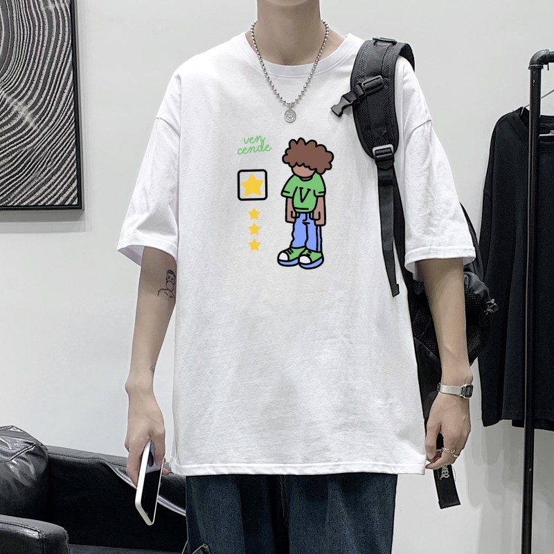 T3418港风男宽松T恤落肩港风男T潮趣印花T恤潮牌2022夏新款T恤图片