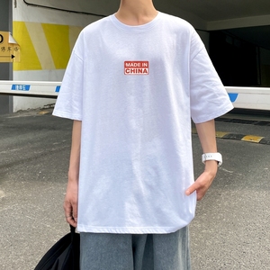 D2201港风室外纯棉男短袖港风对勾后背印花宽松休闲情侣装T恤图片