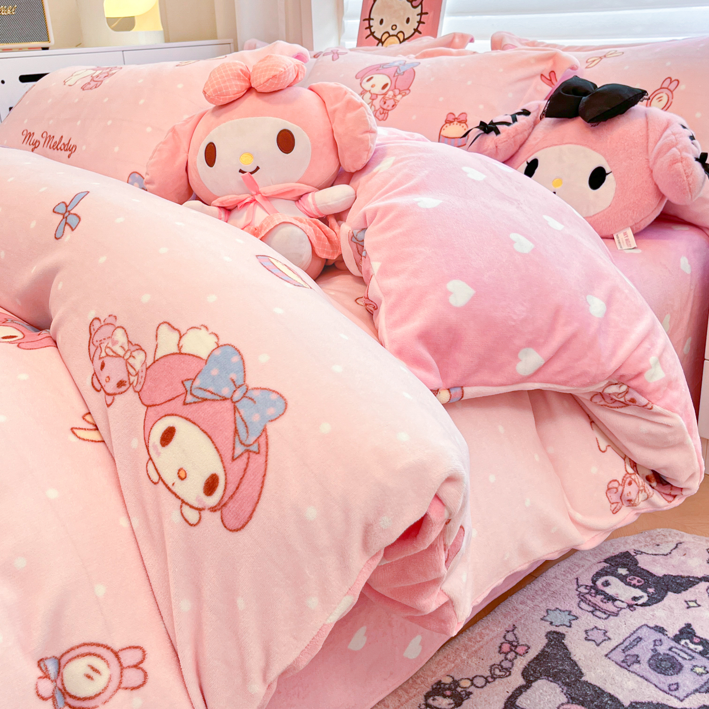 美乐蒂KT猫卡通牛奶绒四件套冬季加绒床单被套床笠宿舍儿童三件套