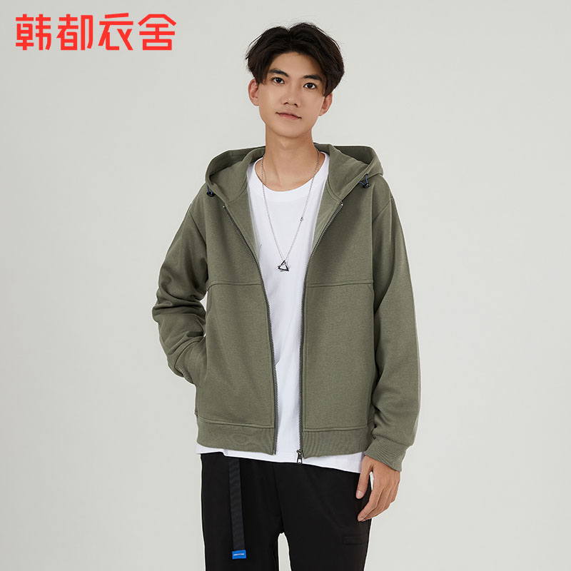 韩都衣舍休闲百搭连帽外套2023秋季男装新品拉链口袋设计NZZ0807