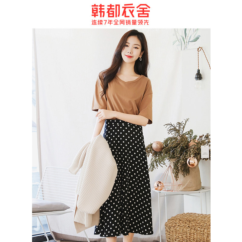 韩都衣舍2020夏装新款女装韩版大摆中长款chic波点半身裙chic短裙