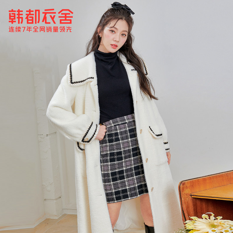 韩都衣舍秋冬新款复古温柔赫本风大衣中长毛呢外套女OM81969