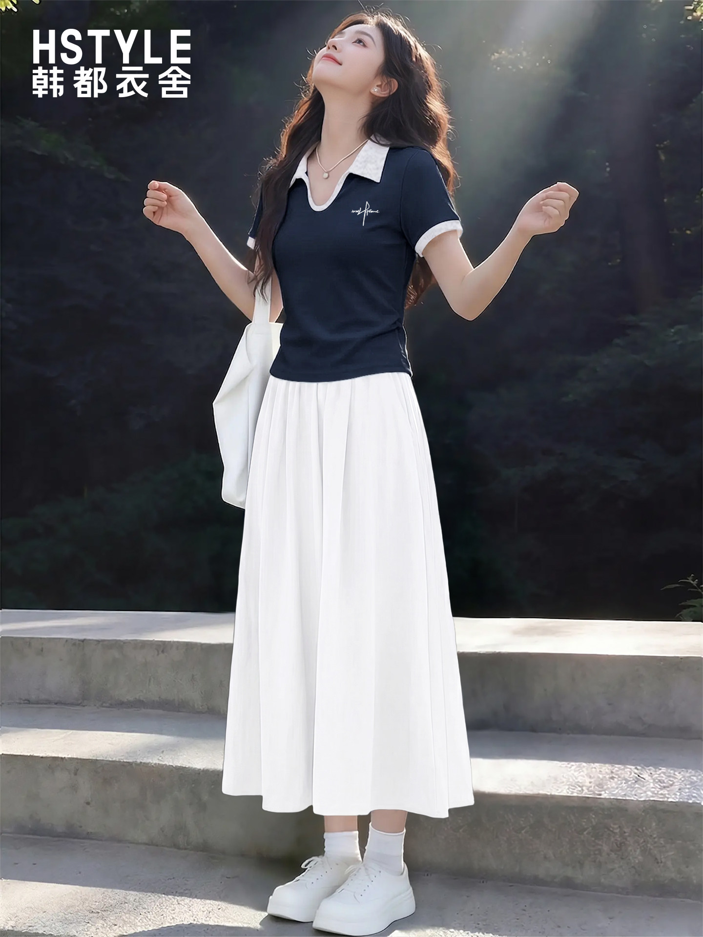 韩都衣舍polo衫短袖运动套装女夏2026新款九分裤裙松弛感两件套Y